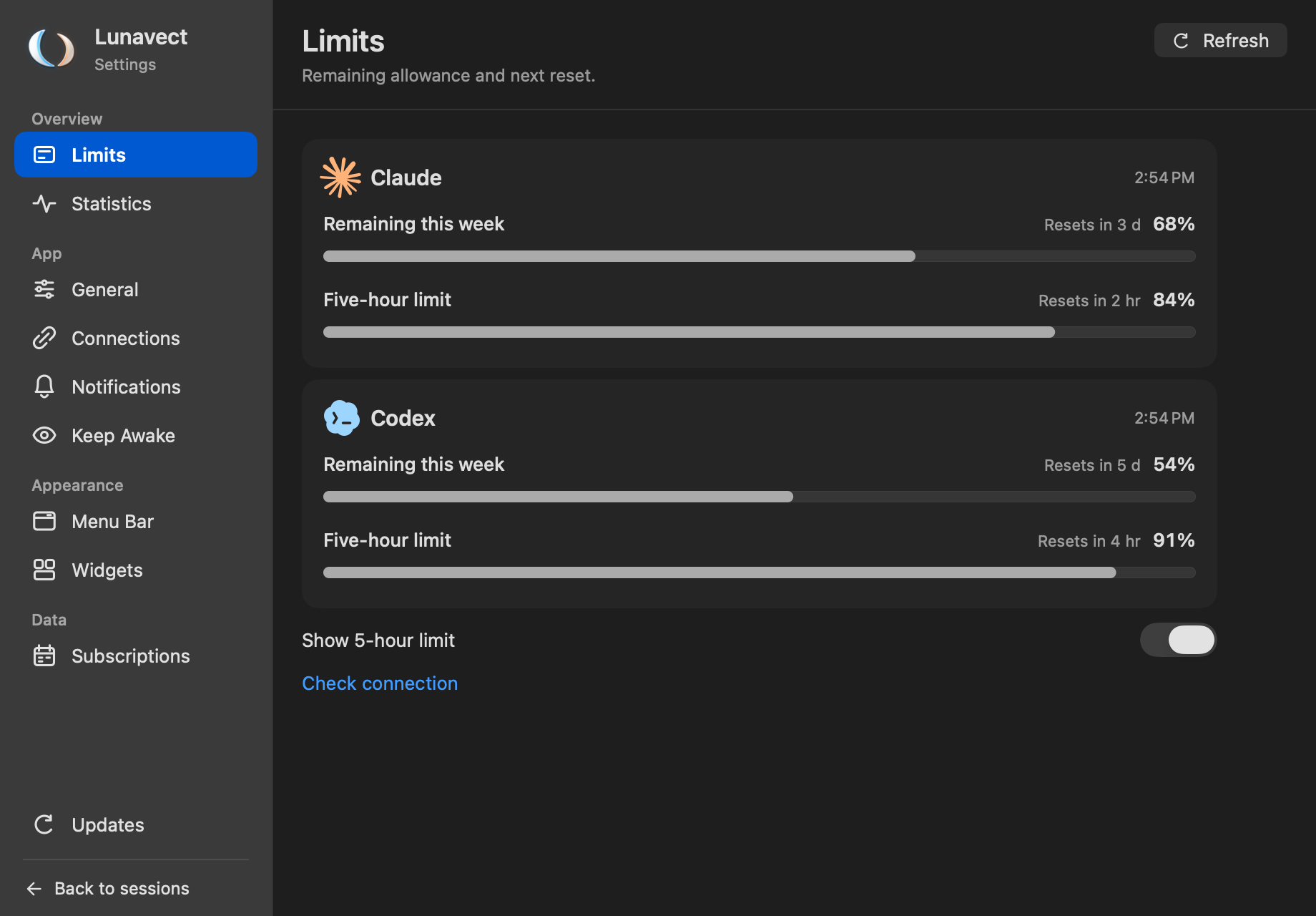 Claude and Codex weekly and five-hour limits in the Lunavect Limits settings with reset times
