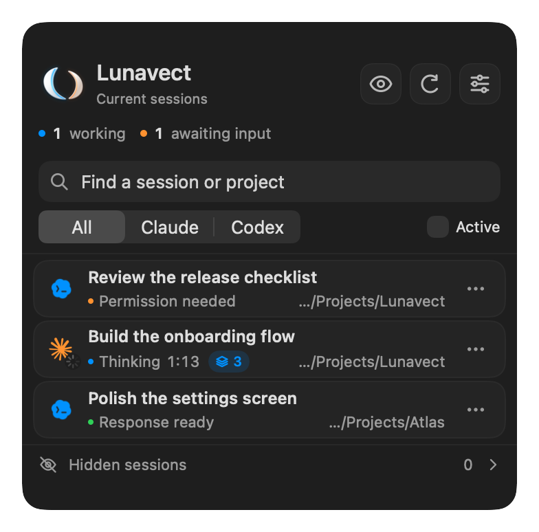 Lunavect session panel: a Claude task thinking with three background tasks, a Codex task waiting for permission and a ready response