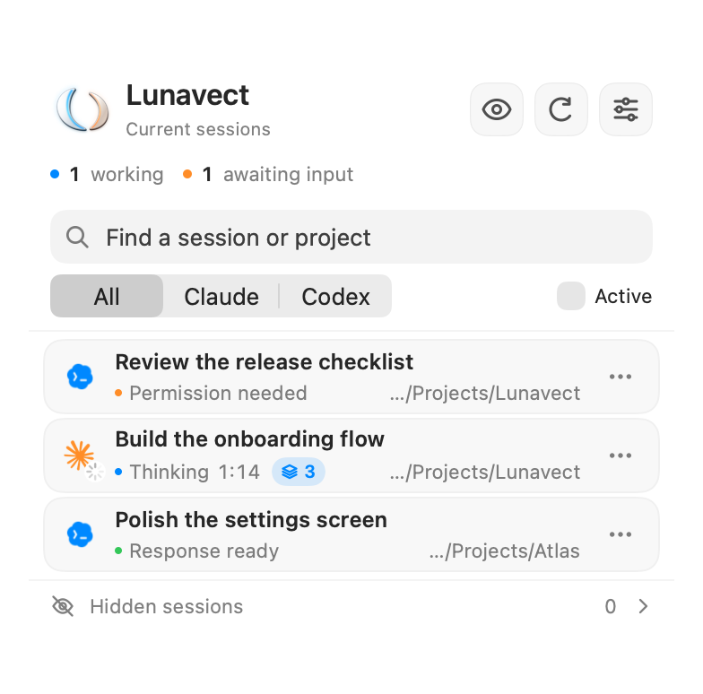 Lunavect session panel listing Claude Code and Codex sessions with their live states