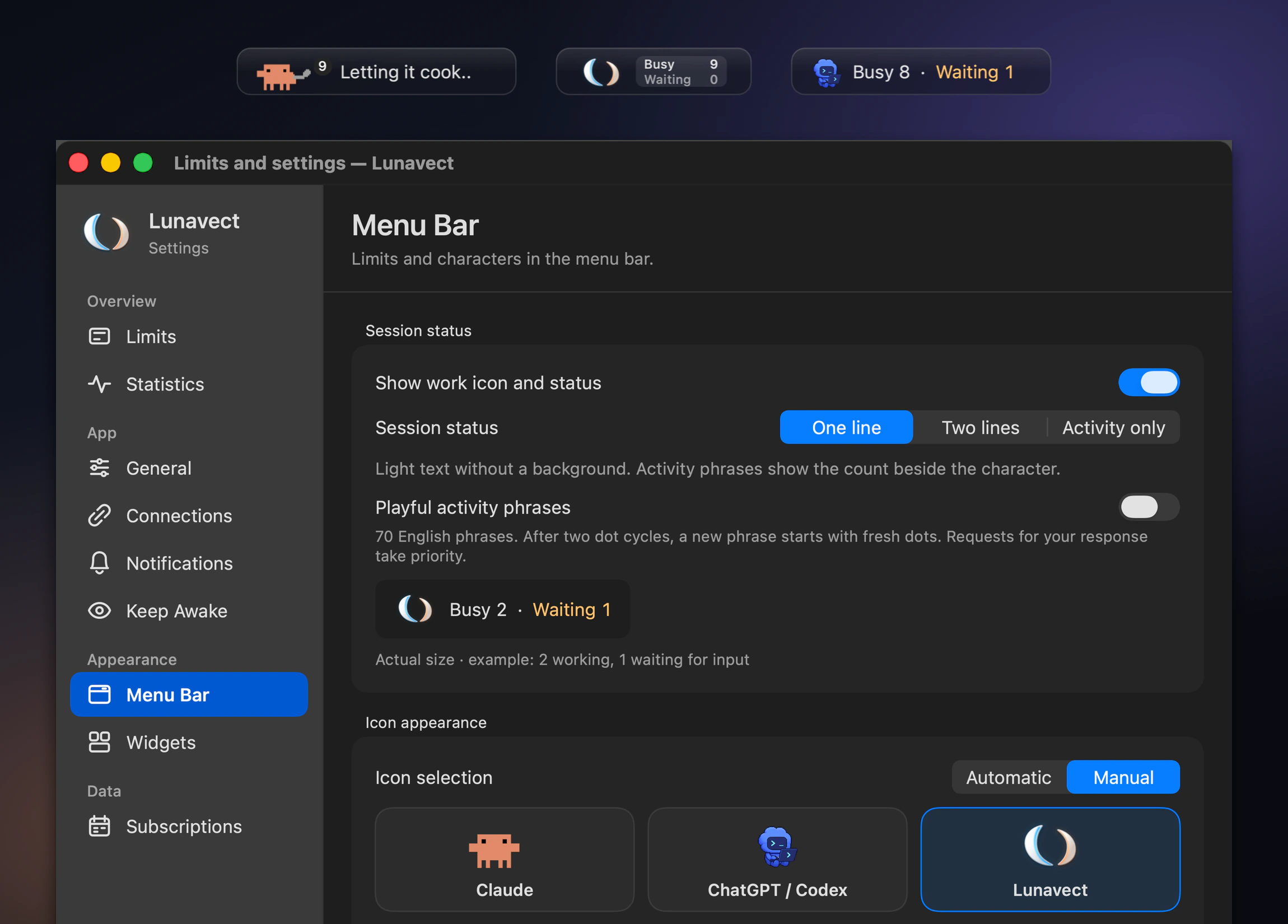 Menu bar status styles and the Menu Bar settings with character selection
