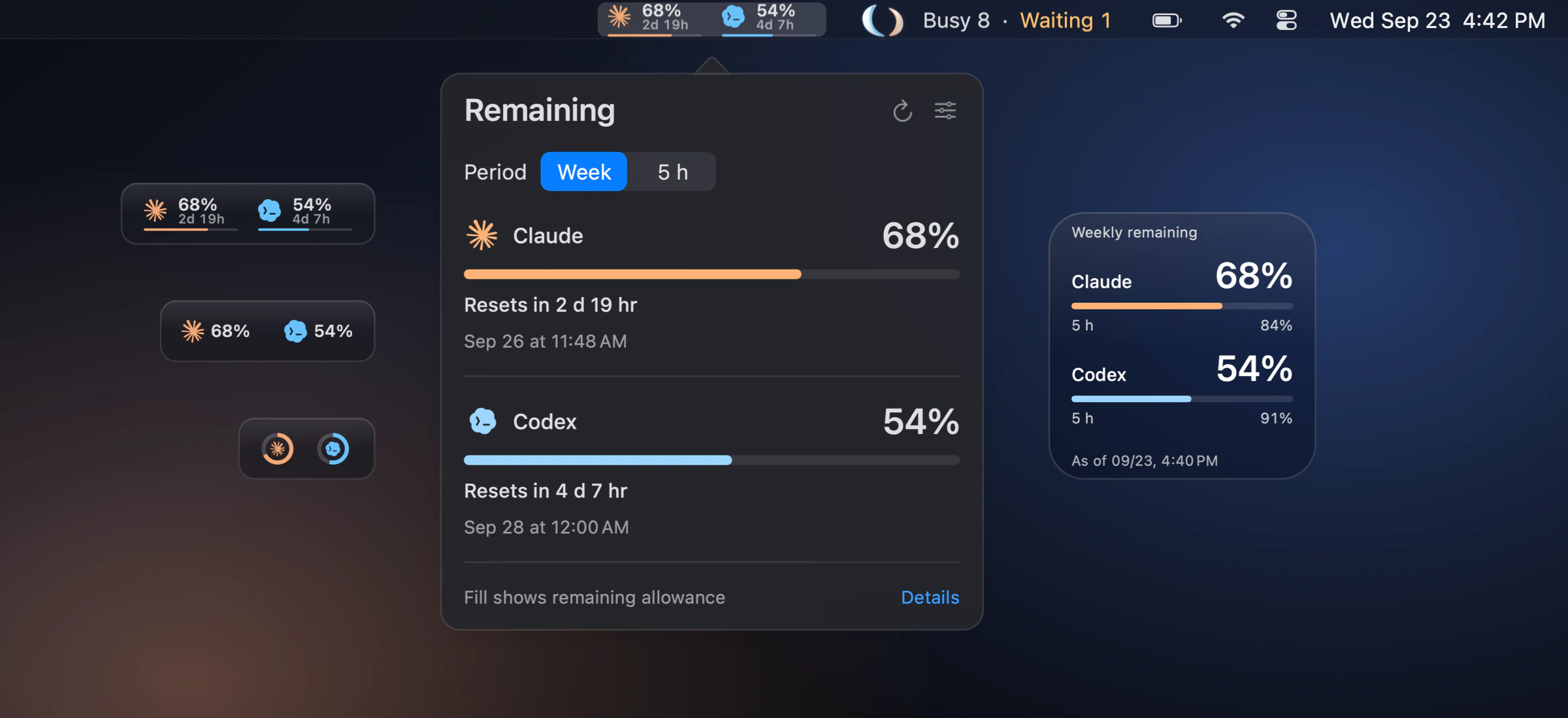 Claude and Codex weekly usage limits in the menu bar, the Remaining popover and a desktop widget