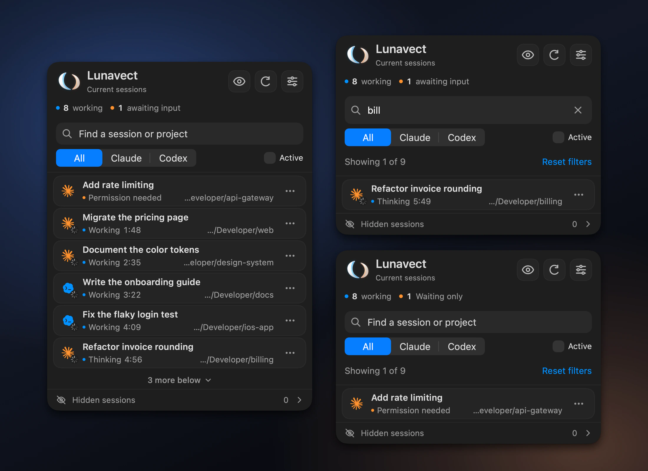Three Lunavect session panels: all nine tasks, a search result and the waiting filter